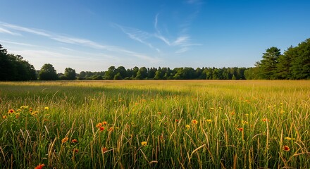 Wall Mural - Summer Meadow Landscape with Wildflowers and Blue Sky