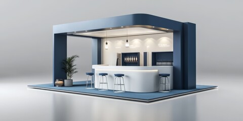 Modern blue exhibition booth with bar and stools.