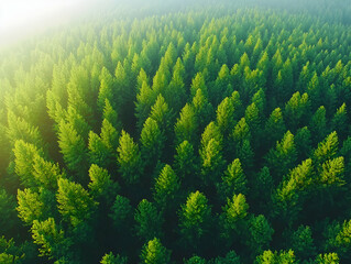 Poster - Aerial view of sunlit coniferous forest