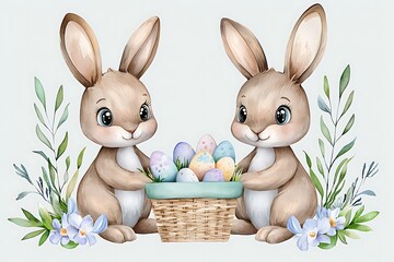 Easter day celebration watercolor style bunnies with eggs spring garden cute illustration