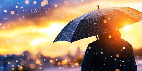 man with umbrella, rain cloud raining on umbrella, sunny day -