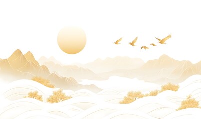 Wall Mural - The sun rises in the sky, and a few birds fly in the distance, Generative AI