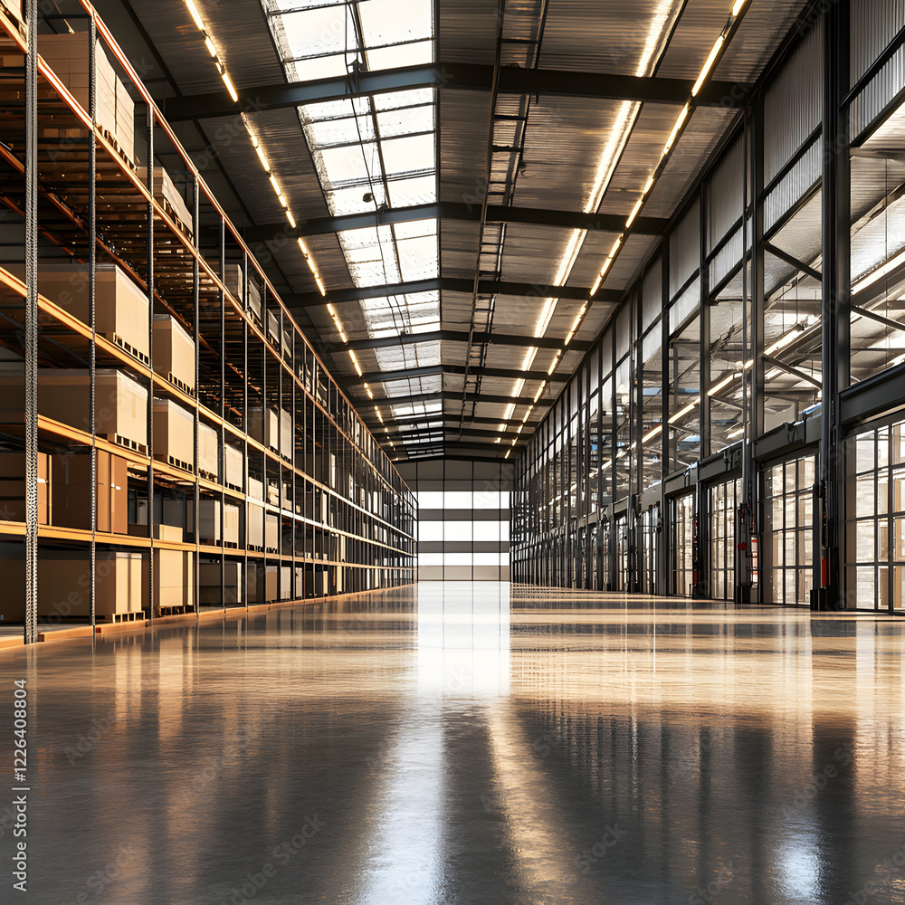 Architectural render of a modern warehouse, spacious storage areas with ...