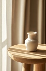 Wall Mural - White vase on wooden side table in sunlight.