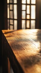 Wall Mural - Sunlight illuminates rustic wooden table surface.