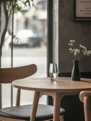 Wall Mural - Light wood cafe table with chairs, glass, and flowers by window.