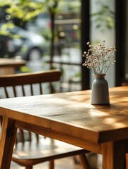 Wall Mural - Sunlight illuminates a wooden cafe table with a small vase of flowers.