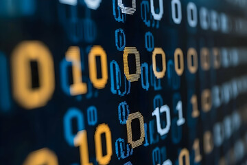 binary code on screen, digital data stream, close-up view, technology background, software developme