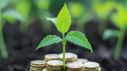 independence strategy financial freedom coin concept. A green plant grows from a pile of coins, symbolizing growth and investment.