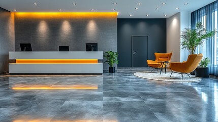 Wall Mural - Modern hotel lobby reception desk, waiting area, city view