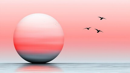 Wall Mural - a serene sunset with a large orb reflecting on calm waters, accompanied by flying birds against a so