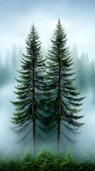 Wall Mural - Majestic evergreen trees rise through a soft mist, creating a serene forest atmosphere that evokes tranquility and natural beauty. minimalist pastel aesthetics pastel tones flat design