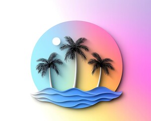 Wall Mural - colorful tropical scene featuring palm trees silhouetted against a gradient sunset sky over waves. m