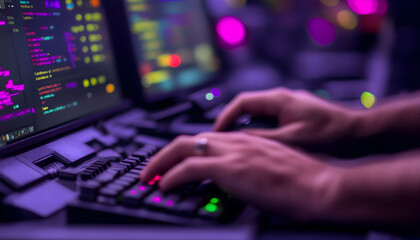 Close-up of hands typing code on a backlit keyboard, vibrant colors, programming, software development, technology.