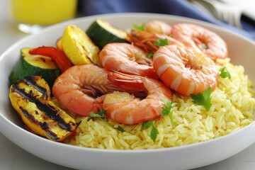 Camarón rojo Grilled shrimp served with rice and vegetables in a white bowl.