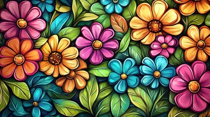 Wall Mural - enchanting spring blooms: hand-drawn floral art in vintage acrylic painting style