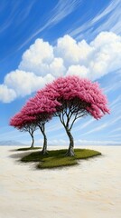 Wall Mural - three vibrant pink trees stand on a grassy patch under a bright blue sky with fluffy clouds, creatin