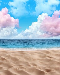 Wall Mural - a serene beach scene with soft sand, calm waves, and fluffy pink and white clouds against a bright b