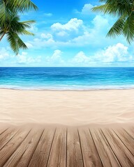 Wall Mural - beautiful beach scene with a clear blue sky, gentle waves, and palm trees framing a sandy shore, per