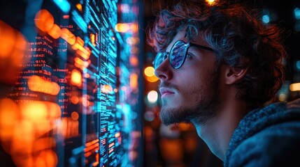 A programmer working on a project in a dark room, surrounded by glowing screens of code.