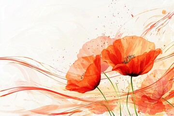 Wall Mural - Vibrant orange poppies bloom against a soft, abstract background with flowing colors and textures