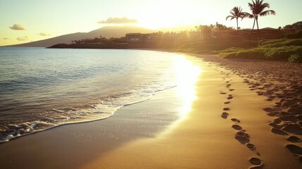 Poster - Golden hour beach sunset with footprints in the sand.  Tranquil ocean waves gently lapping at the shore.  Palm trees and coastal houses on the horizon.  Warm, inviting atmosphere.