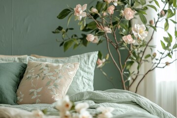 Wall Mural - Serene bedroom scene with pastel bedding and floral accents, showcasing a cozy and tranquil atmosphere