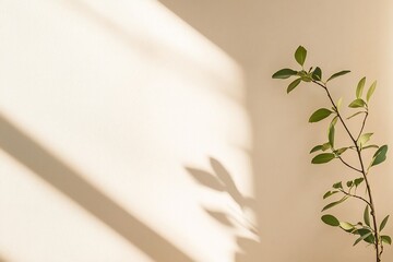 Wall Mural - Minimalist composition featuring a green plant casting shadows on a light-colored wall, creating a serene atmosphere