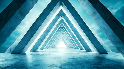 Futuristic triangle corridor, bright sky. Architecture background, design