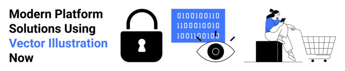 Lock symbolizes data security, binary code represents technology, eye implies vigilance, person shopping highlights e-commerce. Ideal for online security, privacy, tech innovation, e-commerce