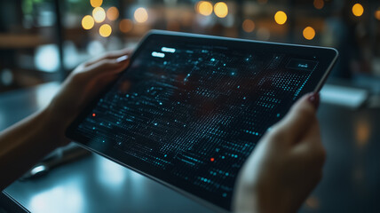 Wall Mural - digital nomad: hands holding a tablet displaying complex data, showcasing a futuristic user interfac