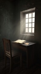 Dimly lit room with cracked walls, wooden desk, and open book in sunlight beam