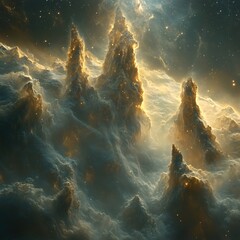 Wall Mural - majestic pillars of light and cloud in a starry sky cosmic scene with golden glow and dark space