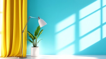 Wall Mural - A bright modern room featuring a vibrant turquoise wall - A bright room with yellow curtains, a sleek lamp, a green plant, and sunlight shadows creating a fresh and inviting atmosphere