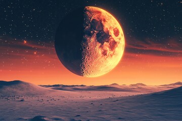 Wall Mural - large moon rising over a snowy landscape with a starry sky and orange atmospheric glow