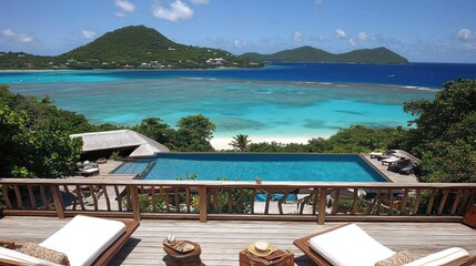 Poster - Luxurious infinity pool overlooking turquoise ocean and tropical islands.  Wooden deck with sun loungers.  Tranquil paradise scene.