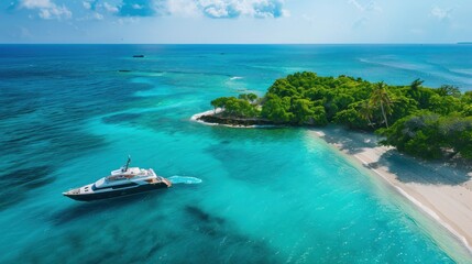 Poster - Luxurious yacht sailing near tropical island paradise. Turquoise water, white sand beach, lush green vegetation, and clear blue sky. Aerial view.