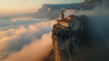 Canvas Print - Majestic church perched atop a cliff, shrouded in morning mist.