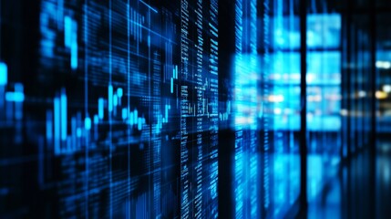 Abstract glowing digital data flow with graphs and numbers on a dark blue screen