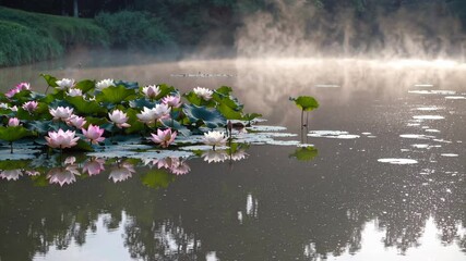 Poster - A morning scene at a tranquil pond surrounded by lotus flowers, with gentle fog drifting across the water’s surface.