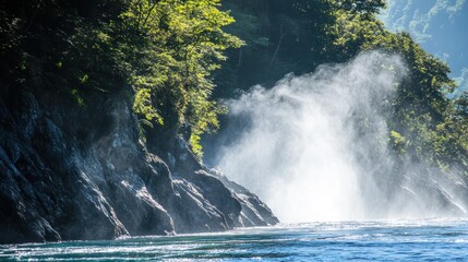 Sticker - Misty river rapids cascading against rocky shoreline.