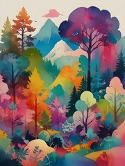Wall Mural - A vibrant forest landscape features an array of colorful trees and foliage, with mountains rising majestically in the background. The scene blends warm and cool hues, creating a serene yet lively vibe