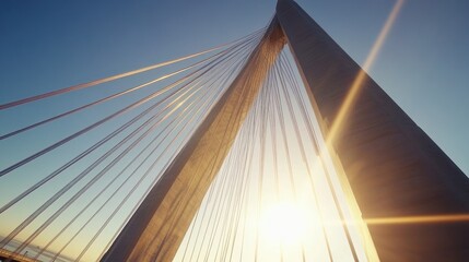 Canvas Print - Modern cable-stayed bridge structure at sunrise. Sunlight rays through the cables.