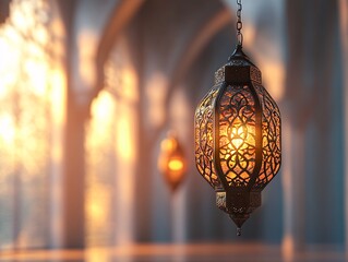 Illuminated Ornate Lantern Hanging In Mosque Setting