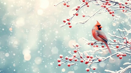 Wall Mural - cardinal bird perched on frosty tree branch adorned with snow and red berries in winter