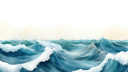 Gentle ocean waves with smooth transitions of soft blue tones, creating serene and calming seascape under bright sky