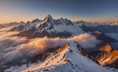 Poster - The sky is filled with clouds and the mountains are covered in snow. The sun is setting, casting a warm glow over the landscape. The scene is serene and peaceful, with the mountains towering over the