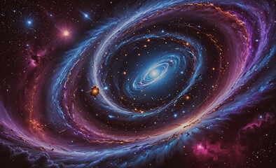Wall Mural - A spiral galaxy with a bright blue center and a purple and orange rim. The galaxy is filled with stars and is surrounded by a cloud of gas. The colors of the galaxy are vibrant and the overall mood is