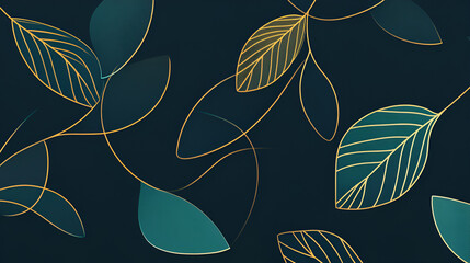 Sticker - Abstract Botanical Pattern: Delicate, gold-hued leaves gracefully dance across a dark blue background, creating an elegant and minimalist pattern.