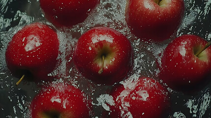 Wall Mural - Red apples washing in water, close-up. Food photography